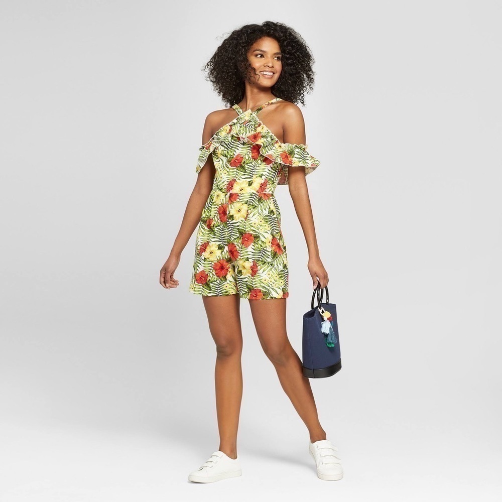 XOXO Womens Green Floral Off The Shoulder Ruffle Halter Romper Juniors L